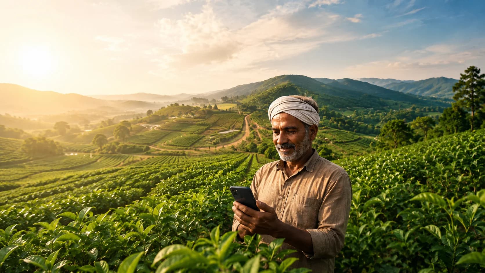 Lush green tea plantation fields with mountains and sunset backdrop